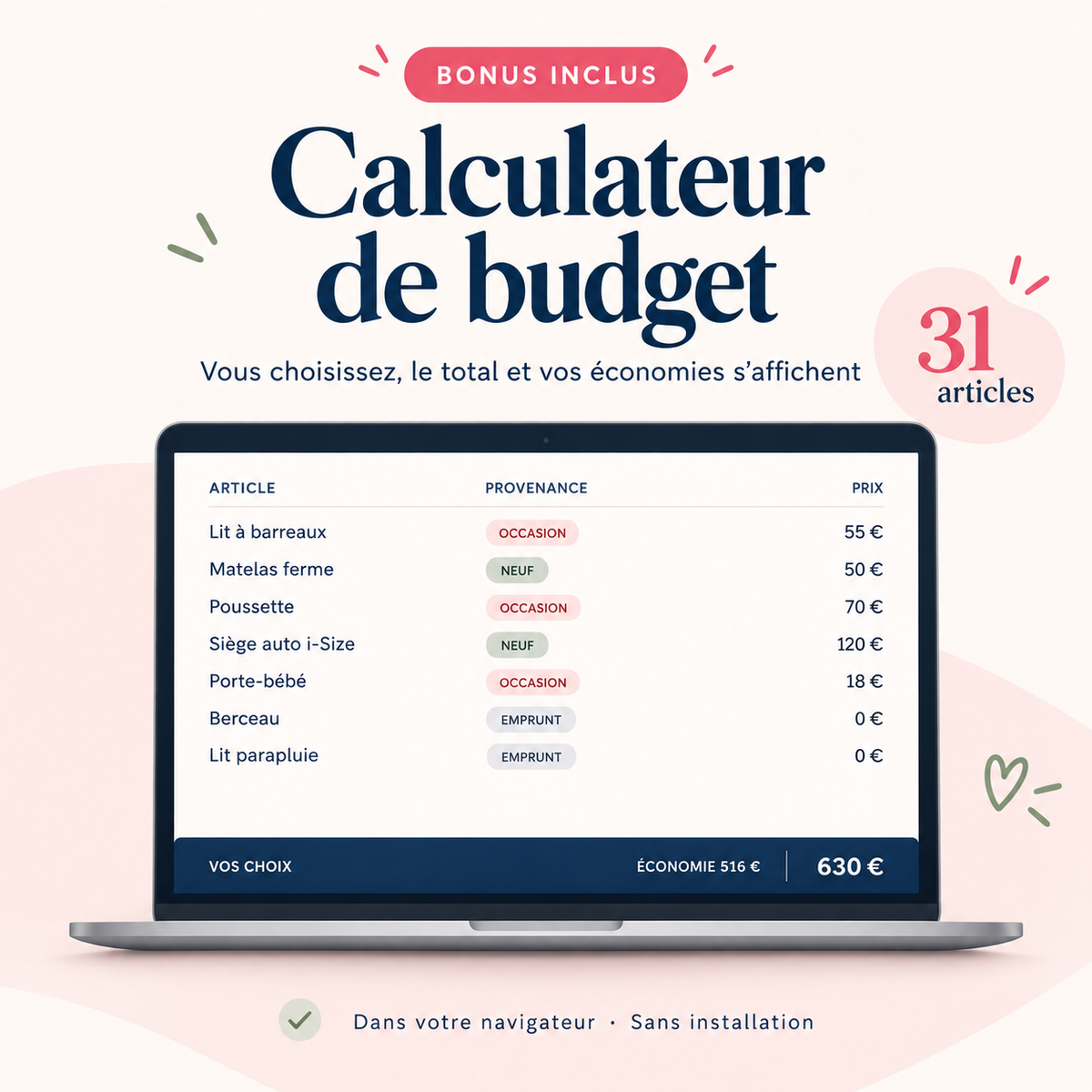 Calculateur de budget bébé avec 31 articles
