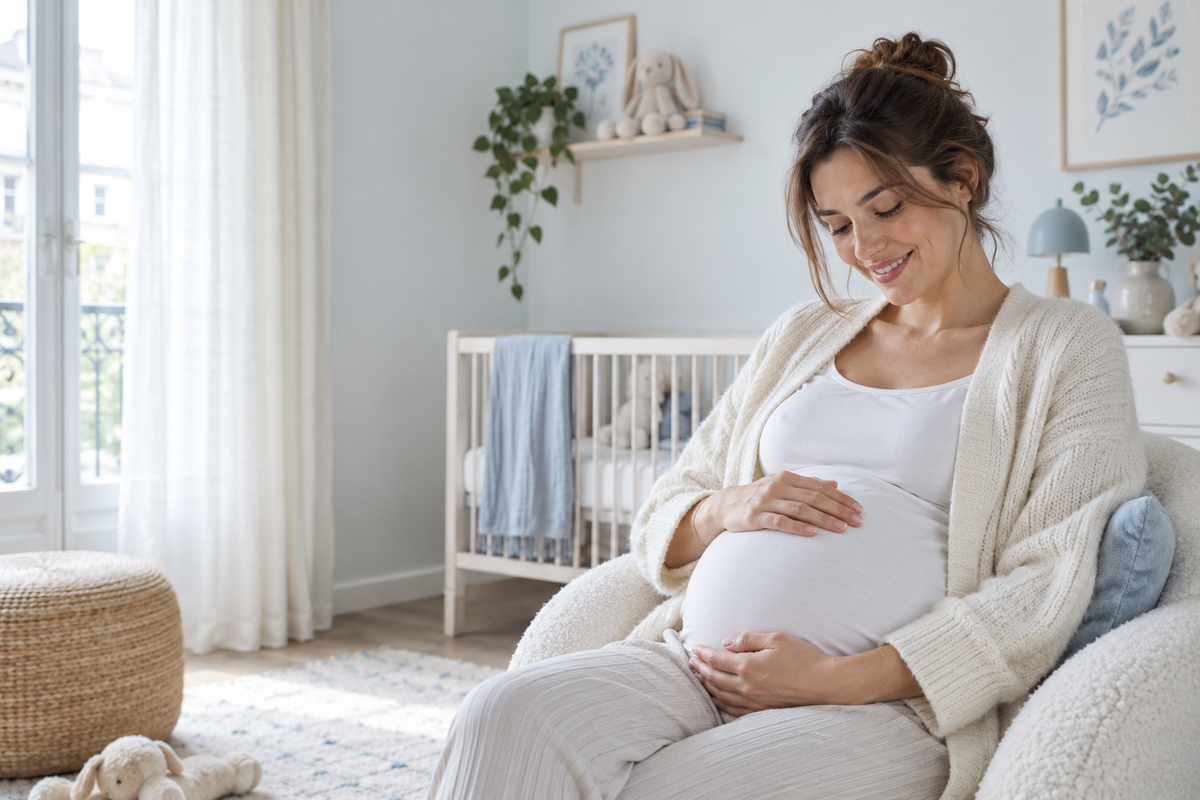 Future maman sereine dans une chambre de bébé